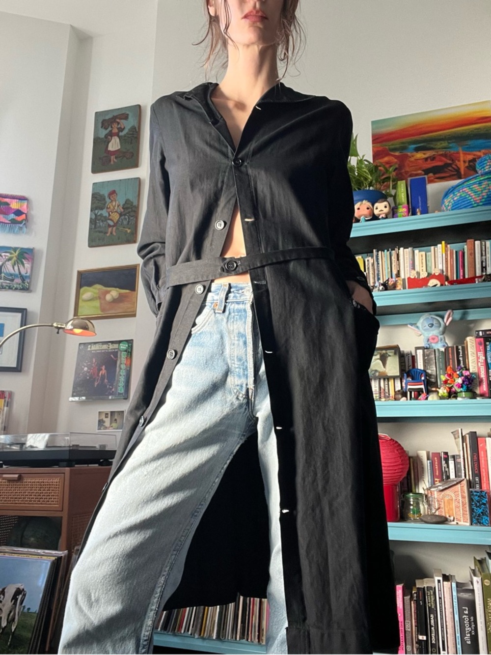 20s Long Black Button-Up French Smock